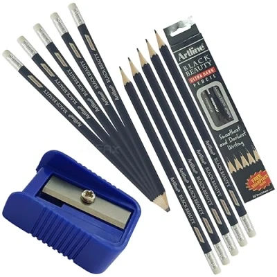 Image of Black Beauty Wooden Pencils with Rubber Tipped, Pack of 10, Ultra Dark Graphite Lead Sharpener Pack, Write Draw Sketch Use, iZOFAX Ball Pen