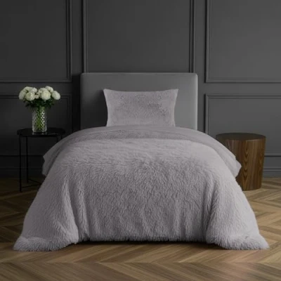 Image of Sleepdown Fleece Luxury Long Pile Faux Fur Silver Super Soft Easy Care Duvet Cover Quilt Bedding Set with Pillowcase Single (135cm x 200cm)