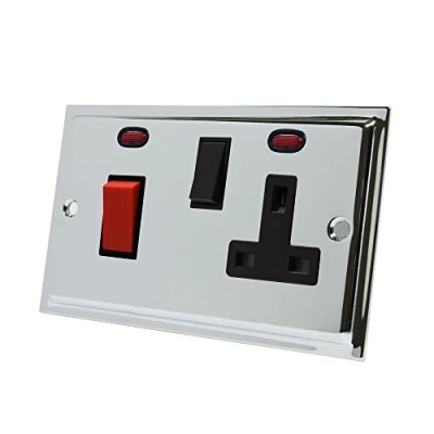 Image of Slimline Polished Chrome Cooker Control Unit Black Insert 2 Gang 45A Switch with 13A Switched Plug Socket and Neon Indicators