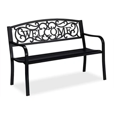 Image of Relaxdays WELCOME garden bench, 2 seater, sturdy, weatherproof outdoor seating, patio black
