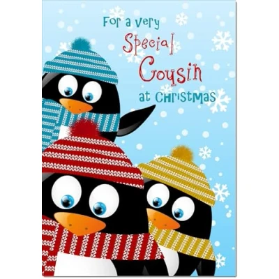 Image of doodlecards Cousin Christmas Card Three Penquins Medium Size for with Plain Envelope