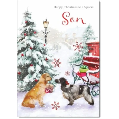 Image of doodlecards Son Christmas Card Two Dogs in Snow Medium Size with Plain Red Envelope, 21 x 15cm