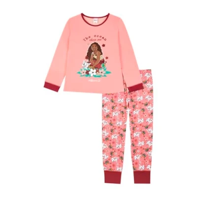 Image of Disney Moana Girls Pyjamas Long PJ Set Pjs Nightwear Sleepwear Gifts for Ages 2 to 12 Years Old Pink 7 8