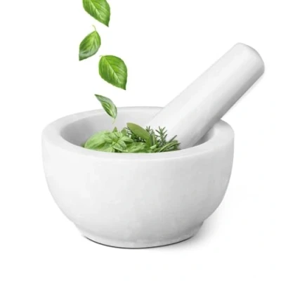 Image of Flexzion Marble Mortar and Pestle Set Solid Granite Stone Grinder Bowl Holder 5.5 Inch for Guacamole, Herbs, Spices, Garlic, Kitchen, Cooking, Medicine (White)