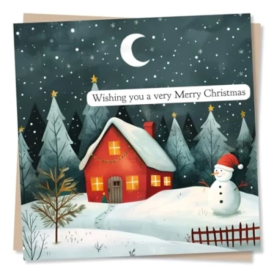 Image of Merry Christmas Card Snowman and Snow Cottage Design Wishing You A Very For Friends Or Family