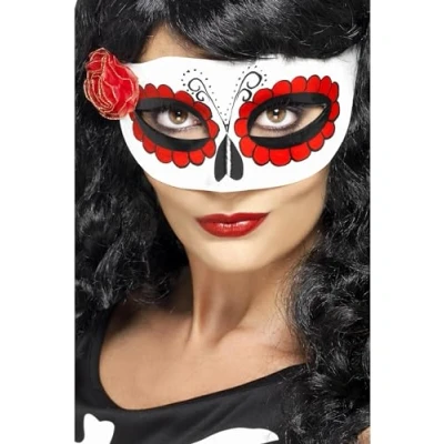 Image of Smiffys Mexican Day Of The Dead Eyemask, White &amp; Red with Rose, Eyemasks Fancy Dress, Adult Dress Up Eye masks
