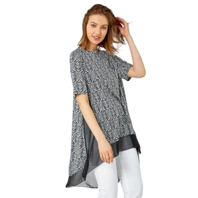 Image of Roman Originals Chiffon Dipped Hem Top Asymmetric Tunic for Women UK Ladies Stretchy Jersey Flared Blouse Smart Fit &amp; Flare Form Casual Loose Longline Party Hanky Tunics Monochrome Size 12