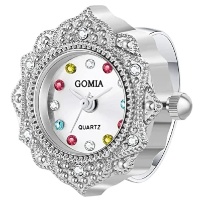 Image of JewelryWe Novelty Finger Watch Classic Round Colorful Dial Quartz Rings Adjustable Rhinetsone Ring Watch, for Mothers Day
