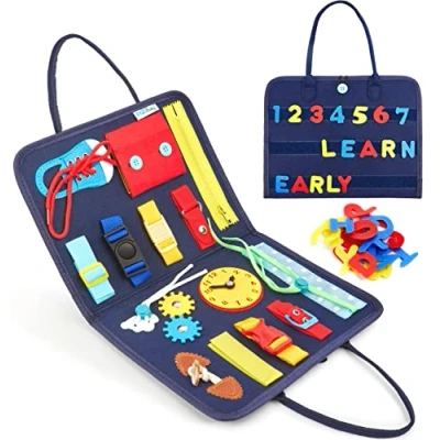 Image of DYZI Busy Board for Toddlers Educational Preschool Activity Toy Boys &amp; Girls Sensory Travel Toys Early Development Montessori with Buckles 1 2 3 4 Years Old Kids