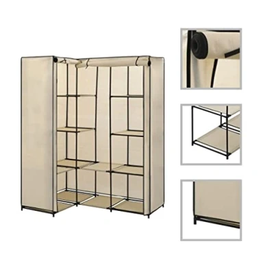 Image of vidaXL Corner Clothes Rack Sturdy Iron Frame, Optimised Storage Solution, Comfortable Polyester Fabric Wardrobe, Easy Maintenance, Dust Protected, Cream Colour