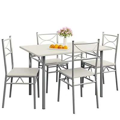Image of CASARIA® 5 Pcs Dining Table and 4 Chairs Small Kitchen Breakfast Furniture Compact Modern Contemporary Rectangular Set White &amp; Silver