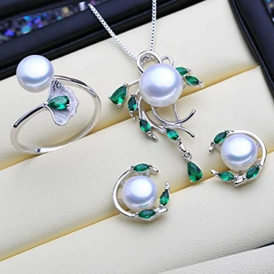 Image of 925 Sterling Silver Emerald Pearl Jewelry Sets Natural Stud Earrings Bohemian Pendant Necklace Women Green Stones Ring