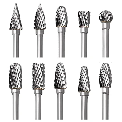 Image of Tungsten Carbide Rotary Burr Set for Dremel, 10PCS Double Cut Carving Bits with 1/8 Shank Tool Accessories Woodworking, Engraving, Drilling, Steel Metal Working