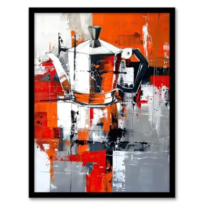 Image of Artery8 Moka Coffee Pot Abstract Orange Grey Painting Kitchen Artwork Framed Wall Art Print 18X24 Inch