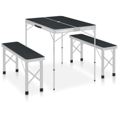 Image of vidaXL Folding Camping Table with 2 Benches Aluminium Grey
