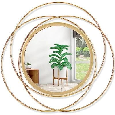 Image of HLFMVWE Gold Art Large Round Mirror with Iron Metal Wire Frame Wall Mounted for Home Decoration Living Room Bedroom Bathroom Entryway 40 x cm