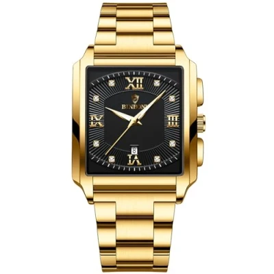 Image of JewelryWe Square Tank Luminous Watches: Men Gold Black Business Date Waterproof Analogue Quartz Rectangular Big Face Stainless Steel Wristwatch