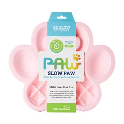 Image of PetDreamHouse PAW Dog Slow Feeder Bowl, Puppies or Cats Plate Food Treats Controls Fast Eating Anti Bloating Baby Pink