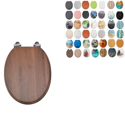Image of 18&quot; MDF Toilet SEAT Universal Adjustable Fit Most Toilets Oval Seat┃Bathroom Standard Wooden WC +Fittings (Walnut Wooden)
