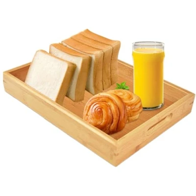 Image of ADERTOS Bamboo Serving Tray with Handles, Wooden Platter Large Rectangular Wood Trays Kitchen Nesting Tea Board for Drinks, Food, Dinner, Breakfast in Bed Medium 30x20x3.8cm