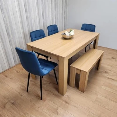 Image of KOSY KOALA Wooden Dining Table Set for 6 Oak Effect With 4 Blue Velvet Chairs and 1 Bench