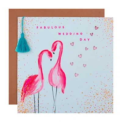 Image of Hallmark Wedding Congratulations Card Contemporary Square Design with Neon Flamingos