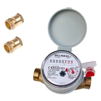 Image of Single Jet Cold Water Meter 1/2&quot; BSP (15mm) with Copper Pipe Fittings