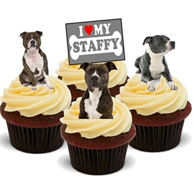 Image of Staffordshire Terrier Dog Mix Staffy Dogs Fun Novelty Birthday Premium Stand UP Edible Wafer Card Cake Toppers Decoration