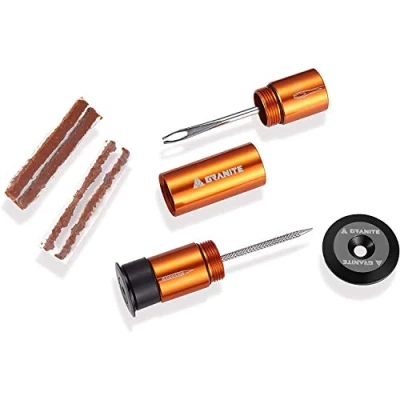 Image of Granite Stash Tubeless Flat Tyre Repair Kit Bike Tool Easy Handlebar Storage Complete Plug 2 Different Size Plugs Portable and Effortless Usage (Orange)