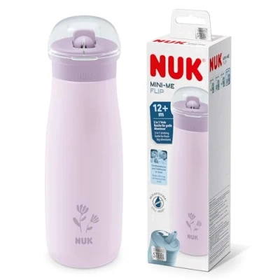 Image of NUK Mini Me Sip Toddler Cup , 9+ Months 300 ml Stainless Steel Water Bottle For Kids Leak Proof Toughened Spout Shatter Lilac Deer