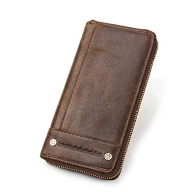 Image of Contacts RFID Blocking Genuine Leather Wallet Mens Zipper Around Purse Multifunction Card Phone Holder Coin Clutch Organizer Travel Vintage(Coffee)