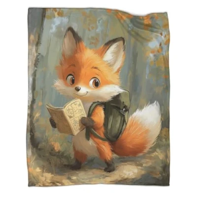 Image of 3D Cartoon Fox Printed Fleece Throw Blanket for Adult Children, Fluffy Bed Throws Wild Animal Design Flannel Blanket,Soft Warm Microfiber Bedding Couch 40x50inch(100x130cm)