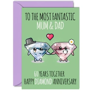 Image of Cute Diamond Anniversary Card for Mum &amp; Dad 60 Years Together Happy 60th Wedding Cards Mum, A5 Greeting Sixtieth Anniversaries