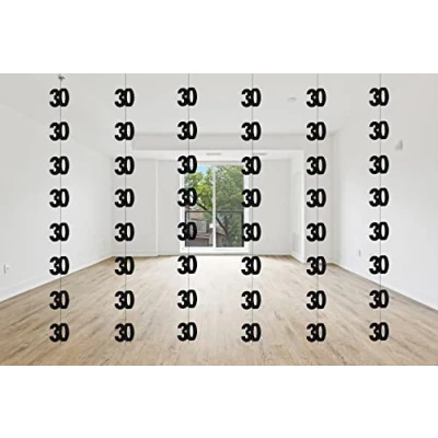 Image of SHATCHI Age Hanging String 13th 90th Glitz Anniversary Birthday Metallic Shiny Foil Banner Party Door Wall Decorations Pack of 6, Black and Silver