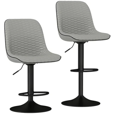 Image of HOMCOM Breakfast Bar Stools Set of 2, Height Adjustable Kitchen Counter Chairs, Swivel Leather Upholstered Barstools with Back, Footrest and Metal Base, Grey