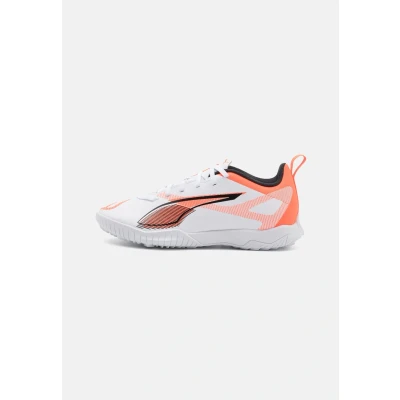 Image of Puma Ultra 5 PLAY TT JR Unisex Astro turf trainers for kids, Size: 12K, White/black/glowing red Textile/synthetics