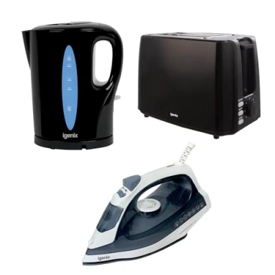 Image of Igenix 3 Piece Kitchen and Home Essentials Set 1.7L 2200W Kettle, 750W 2 Slice Toaster &amp; 1600W Steam Iron Fast Boil, Multi Function Toasting Powerful Performance Black