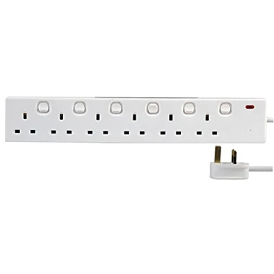 Image of PRO ELEC Individually Switched Extension Lead, 6 Socket, 10 Metres, Neon On Light (White)