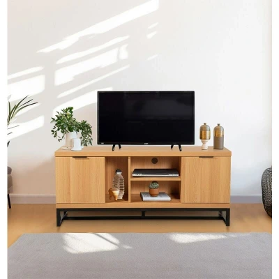 Image of Hallowood Furniture Newquay Large TV Stand Unit with Metal Base, Media 2 Compartments &amp; Open Storage, Oak Effect Storage Cabinet for Living Room Bedroom