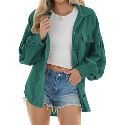 Image of NLAVW Women&#039;s Corduroy Shirt with Button Placket Oversized Long sleeved Jacket Blouse Tops Jacket,Green,XXL