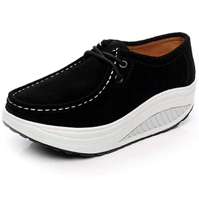 Image of rismart Women&#039;s Platform Classic Suede Leather Trainers Shoes Black 5 UK