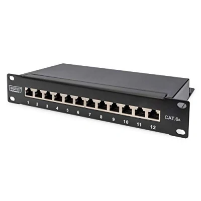 Image of DIGITUS Cat 6A patch panel 12 ports RJ45 jacks 10 inch rack mount 1 unit LSA distribution field shielded black