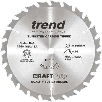 Image of Trend Wood Cordless Circular Saw Blade, 165mm Diameter, 10mm Bore, 24 Teeth, TCT, 1.5mm Kerf, +15 Hook, CSB/16524TA