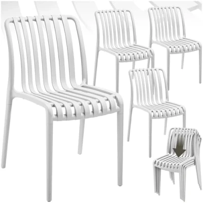 Image of TecTake® Set of 4 Garden Chairs in Light, Airy Design, Outdoor Weather Resistant Plastic with Slatted, Curved Seat, Stackable Chair for Backyard, Patio, Balcony White
