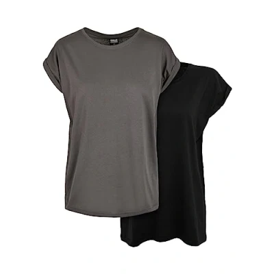 Image of Urban Classics Women&#039;s Ladies Extended Shoulder Tee 2 pack T Shirt, Darkshadow+black, XS