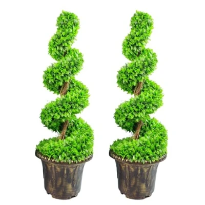 Image of Leaf Large Artificial Spiral Tree with Decorative Planter, 90cm Green Pair