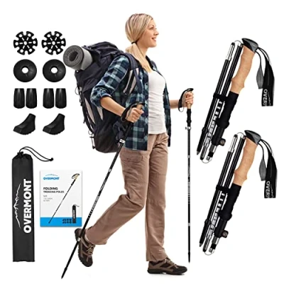 Image of Overmont Carbon Fiber Trekking Poles Lightweight Folding Hiking Shock Absorbent Walking Sticks Set of 2 All Terrain Accessories and Carry Bag