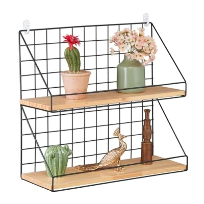 Image of Relaxdays Wall Mounted Shelf, 2 Tiers Storage, Metal &amp; Wood Look, Industrial Design, HWD: 41 x 45 16 cm, Black/Brown, Iron
