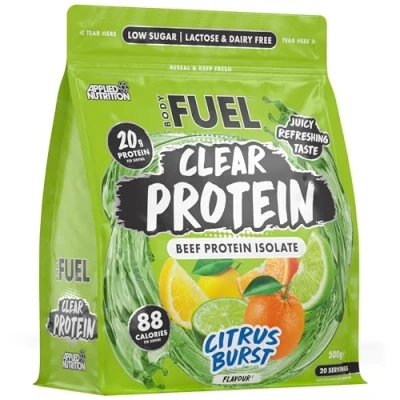 Image of BodyFuel Clear Protein Beef Isolate &amp; Refreshing Best Low Sugar Lactose Free Supplement Muscle Support (500g 20 Servings) (Citrus Burst)