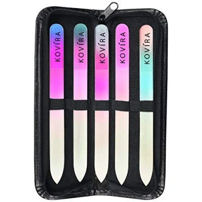 Image of Kovira Glass Nail Files with Case (Pack of 5) Long Lasting Double Sided File Manicure/Pedicure Set for Natural Nails and False Professional Crystal